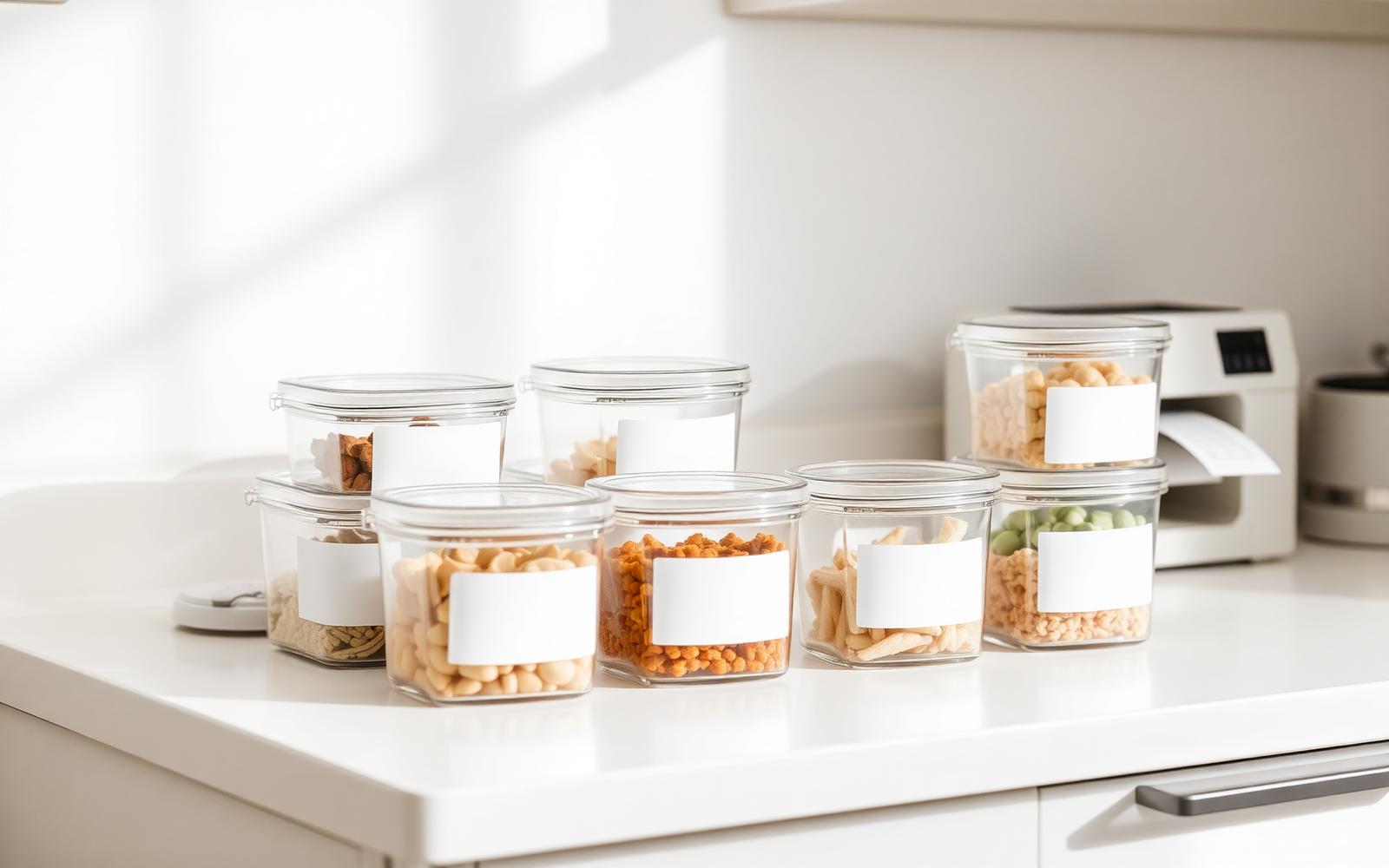 Neatly labelled clear food containers on a bright kitchen prep bench beside a label printer