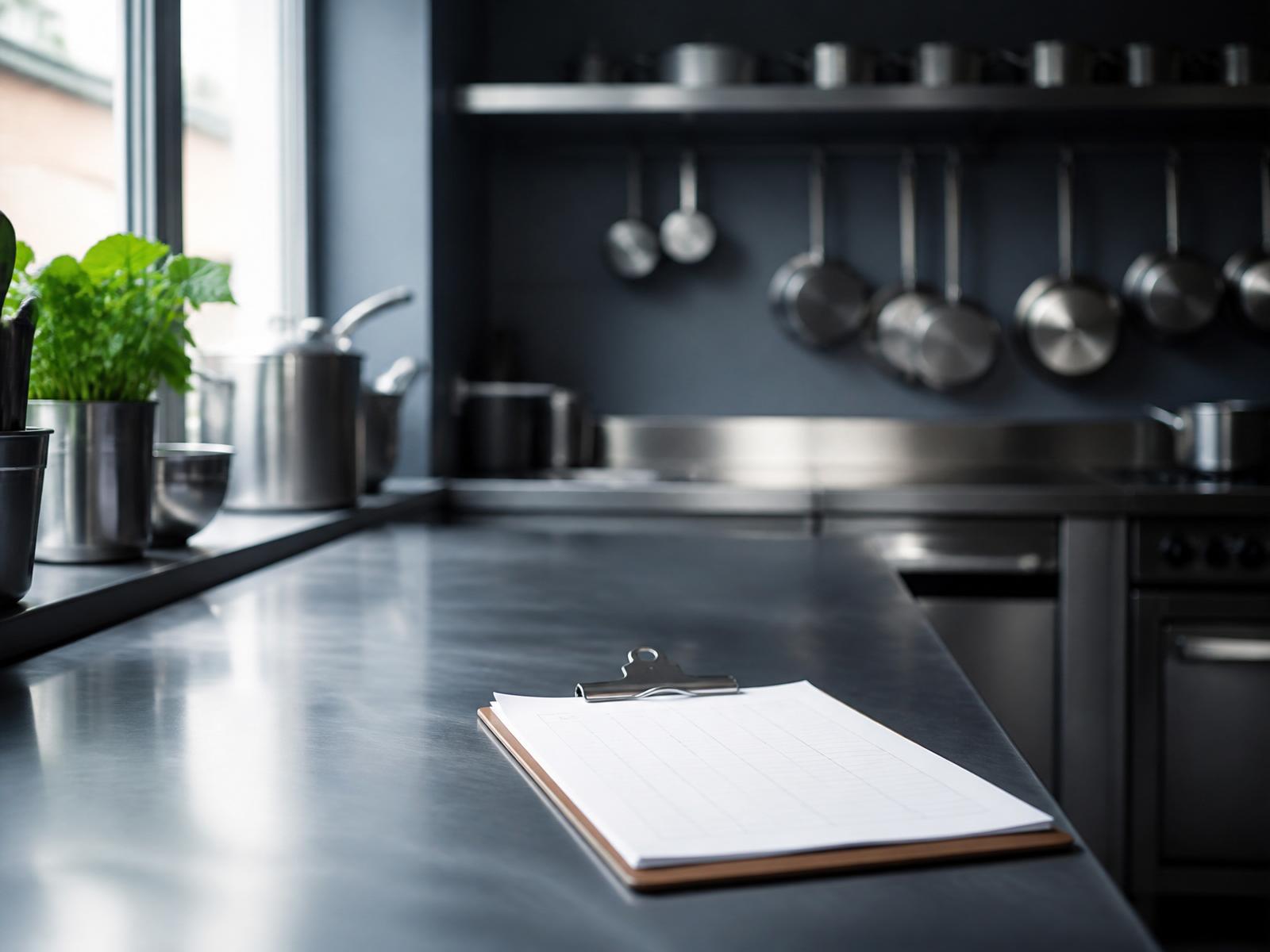 Commercial kitchen prep area with stainless steel surfaces and chilled storage