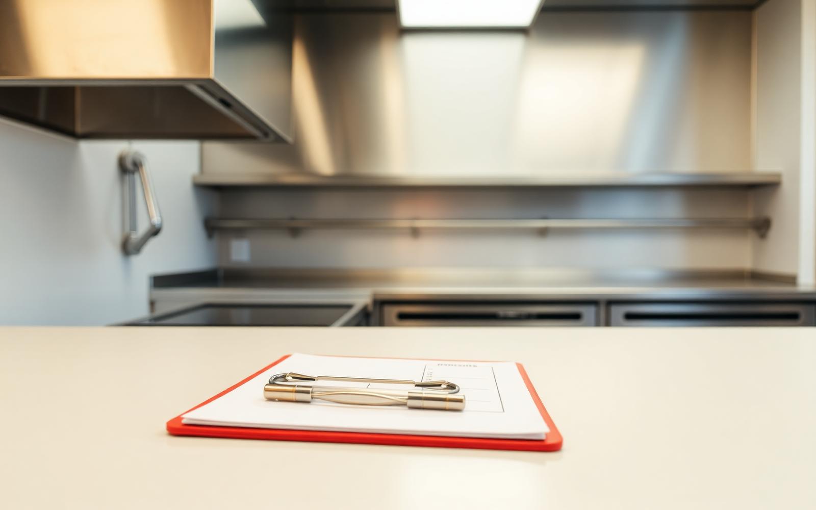 Clipboard and checklist on a stainless steel worktop in a commercial kitchen