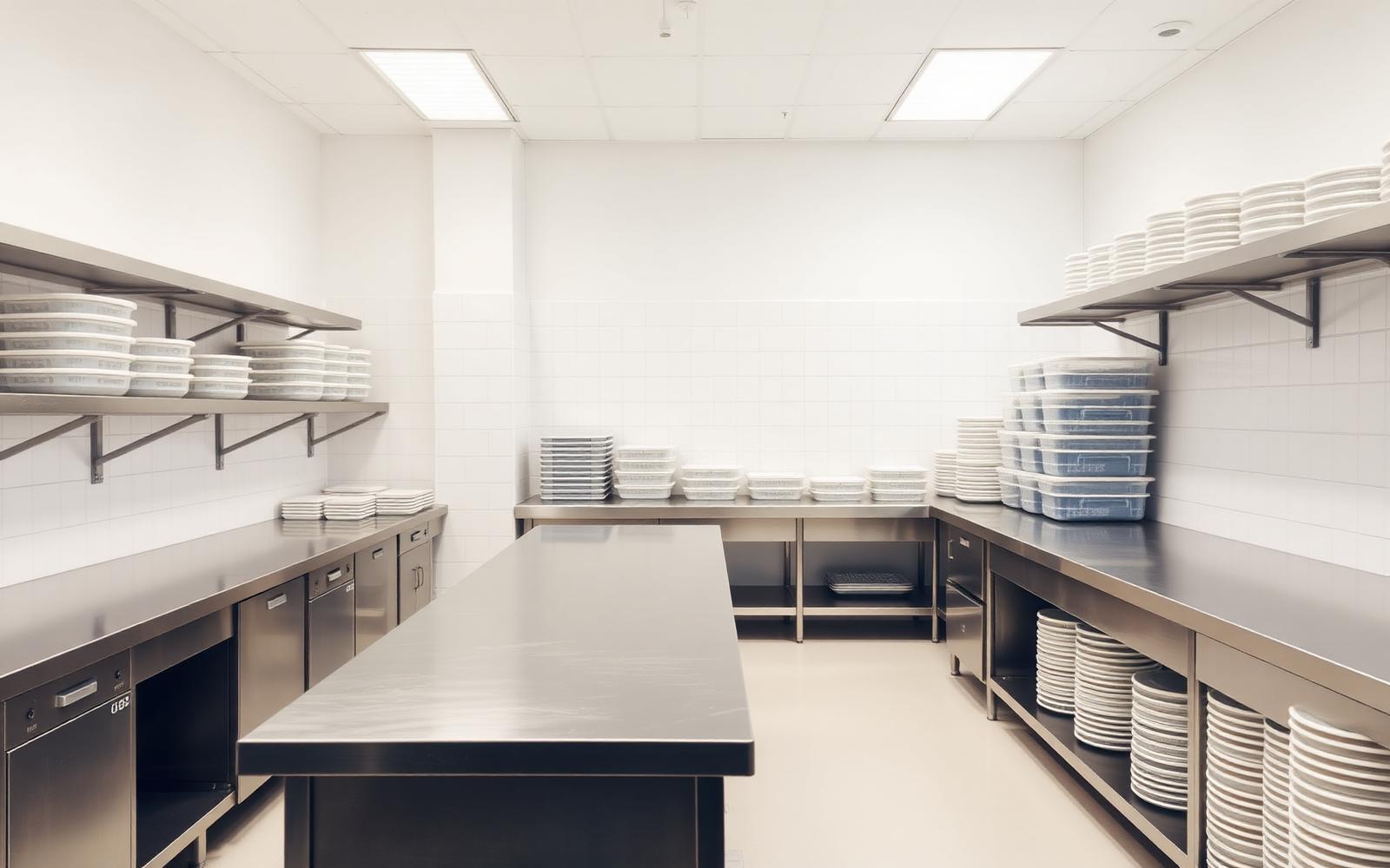 Spotless commercial kitchen prep area with cleaned stainless steel counters and stacked food containers